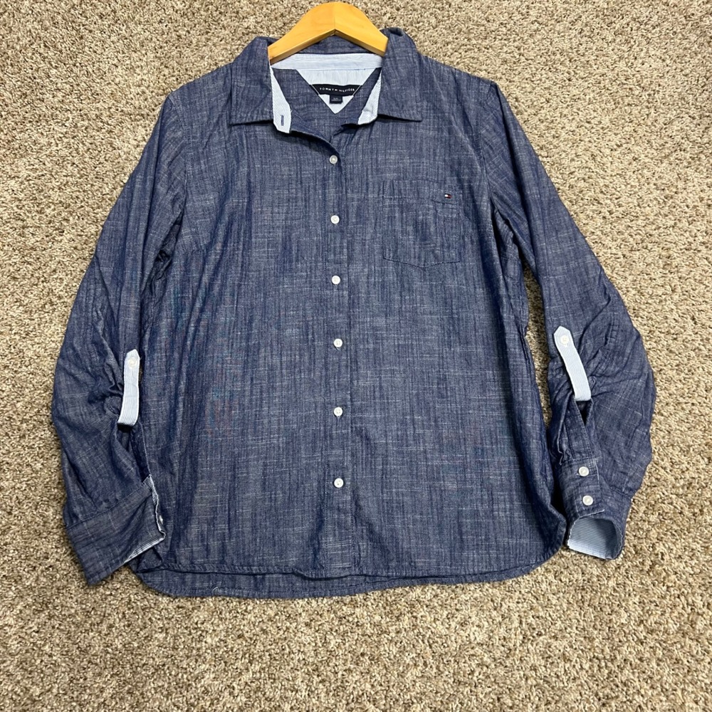 Tommy Hilfiger Mens Blue Chambray Roll Tab Long Sleeve Button Down Shirt Large